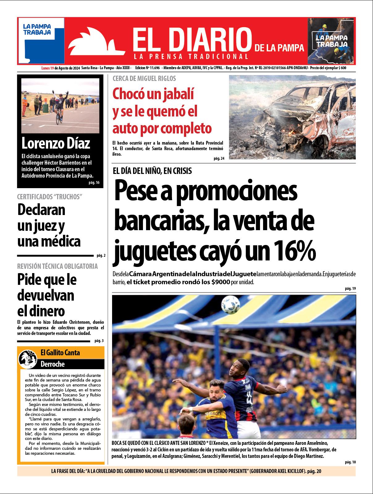 Tapa de El Diario en papel  lunes 19 de agosto de 2024